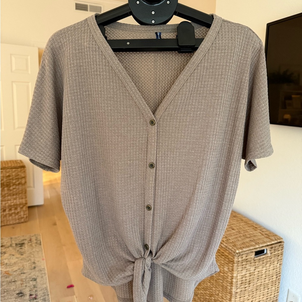 Latte Button-Down Tie Front Waffled Top